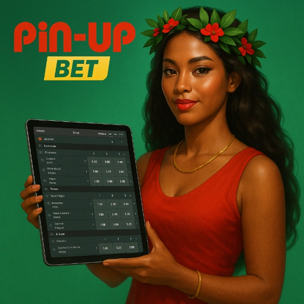 Illustration promotionnelle de Pin Up Bet montrant une femme souriante tenant une tablette avec l’interface de paris sportifs affichée, accompagnée du logo Pin Up Bet, pour symboliser la comparaison entre l’application mobile et la version web