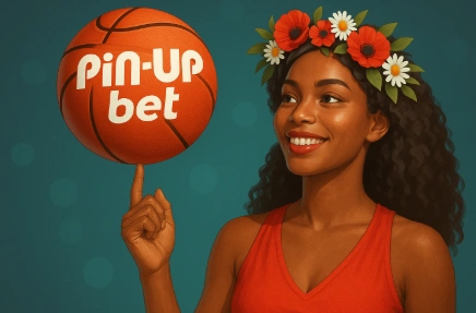 Illustration promotionnelle de Pin Up Bet montrant une femme souriante avec un diadème floral faisant tourner un ballon de basketball marqué du logo « Pin Up Bet », symbole d’introduction au site de paris sportifs.