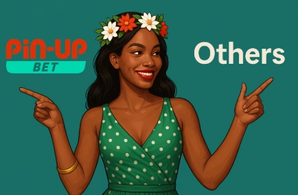 Illustration promotionnelle montrant une femme souriante avec une couronne florale qui pointe d’une main vers le logo « Pin Up Bet » et de l’autre vers le mot « Others », tout en regardant avec enthousiasme du côté de Pin Up Bet.